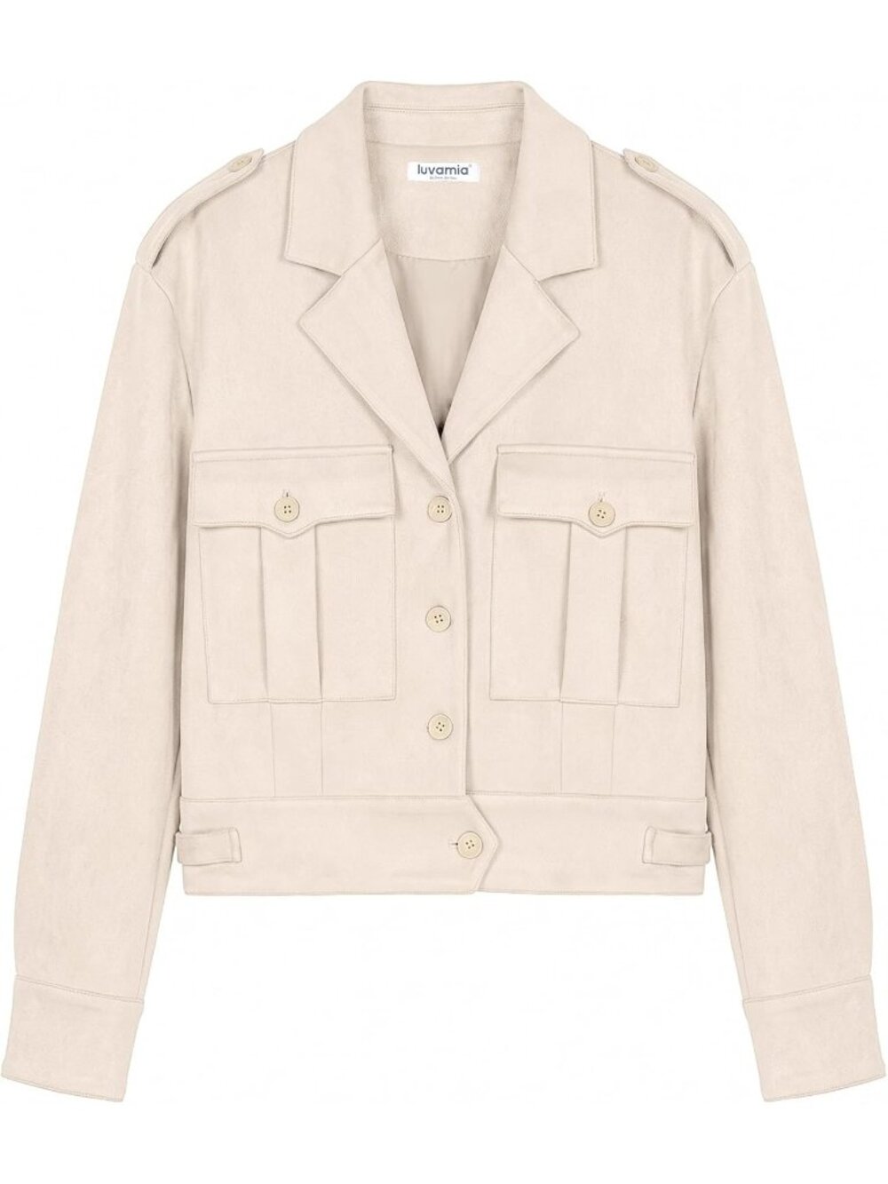 Women's Light Beige Faux Suede Button Down Fall Outerwear Cropped Shacket Jacket